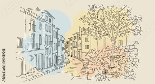 european street sketch, buildings and tree with colorful background