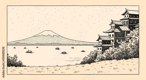 japanese landscape with mount fuji and traditional buildings