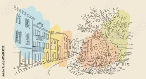 European street scene illustration, colorful buildings and tree