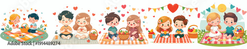 vector of two children having a picnic together happily