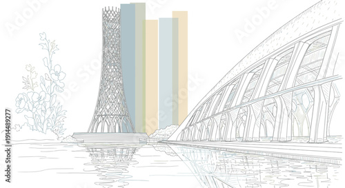 futuristic architecture reflected in water, modern city buildings