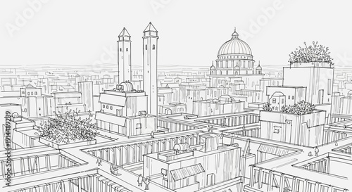 cityscape sketch, architectural illustration, urban design, perspective view