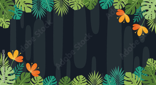 tropical leaves and flowers background, dark backdrop