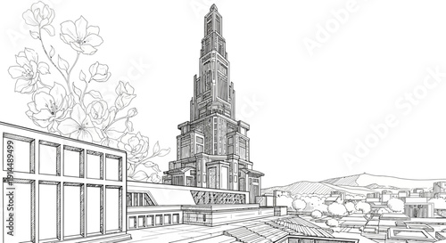 architectural drawing of a tall building with floral elements