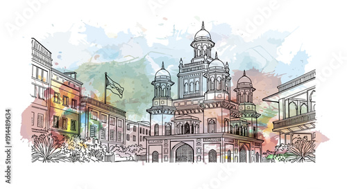 Lahore High Court Building, Pakistan: Watercolor Illustration