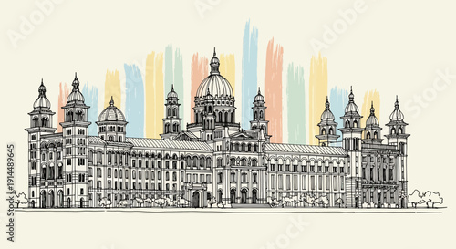 berlin reichstag building sketch, colorful background, european architecture