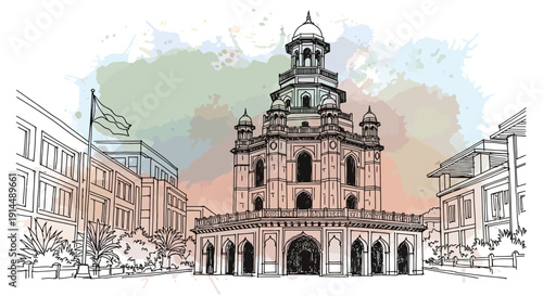 Clock Tower, Hyderabad, India: Architectural watercolor illustration