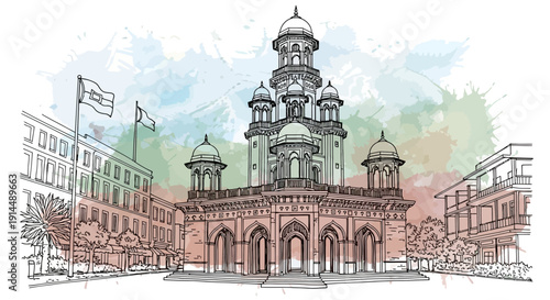 lahore high court, pakistan, watercolor illustration, architecture