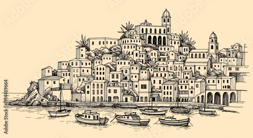 coastal town sketch, boats in harbor, european architecture