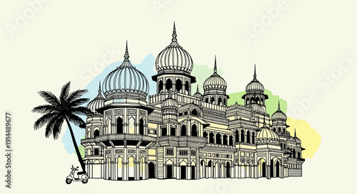 indian palace illustration, architectural drawing, colorful background