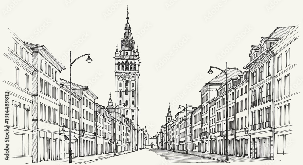 Obraz premium city street view with tower, architectural drawing
