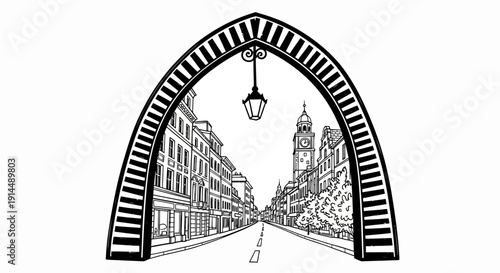city street archway, architecture, urban landscape, black and white
