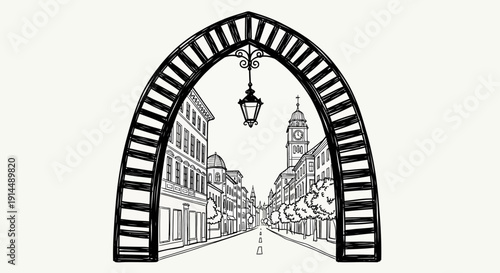 city street view through arch, buildings and architecture