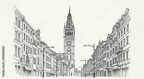 munich city hall sketch, historical architecture, urban street view