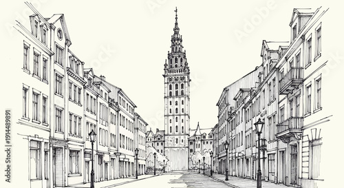 city street view, gothic architecture, european town, pencil sketch