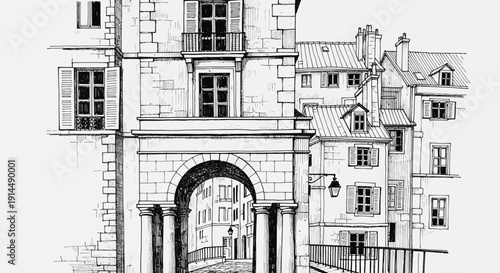 european town architecture, old building archway, vintage street scene
