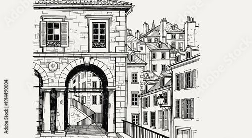 european architecture street scene, black and white illustration