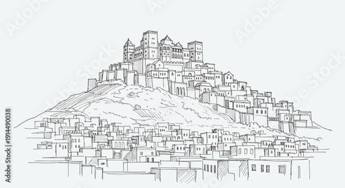 ancient city on a hill, architectural drawing, historical landscape