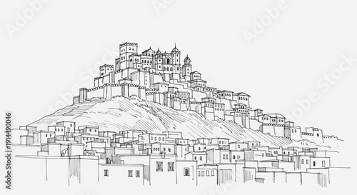ancient city on a hill, historical architecture drawing
