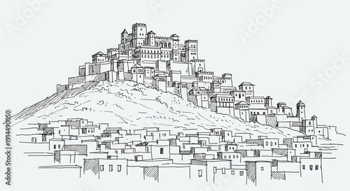 ancient city on hill, historical architecture sketch