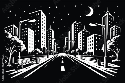 Night City Street Skyline Under Moonlight Monochrome Illustration.