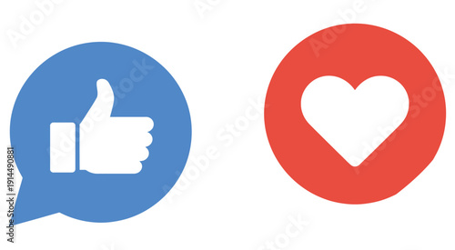 Like and love speech bubble vector icons, flat style social media reaction symbols, ideal for app design, website interfaces, messaging graphics