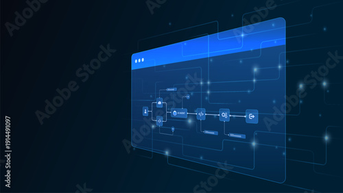 AI workflow automation artificial intelligence. ai agent workflow diagram dashboard with automated process flow, cloud, data routing, and automation flow.