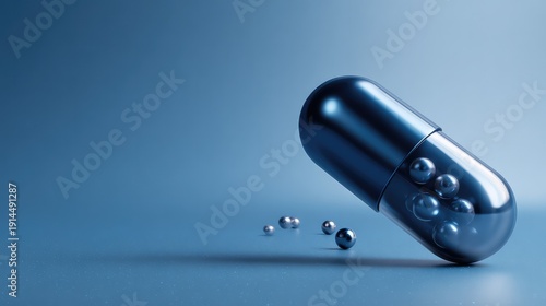 A blue and silver capsule lies on a soft blue background, representing medicine and healthcare