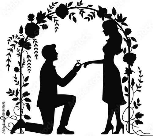 Flat vector silhouette of romantic marriage proposal under floral arch, couple with ring, roses, love, unity, affection, passion, commitment