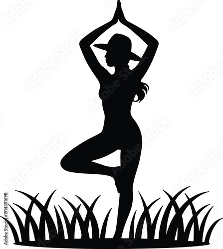 Flat vector silhouette of yoga tree pose woman outdoors on grass, wearing hat, balance, mindfulness, meditation, nature, fitness, wellness