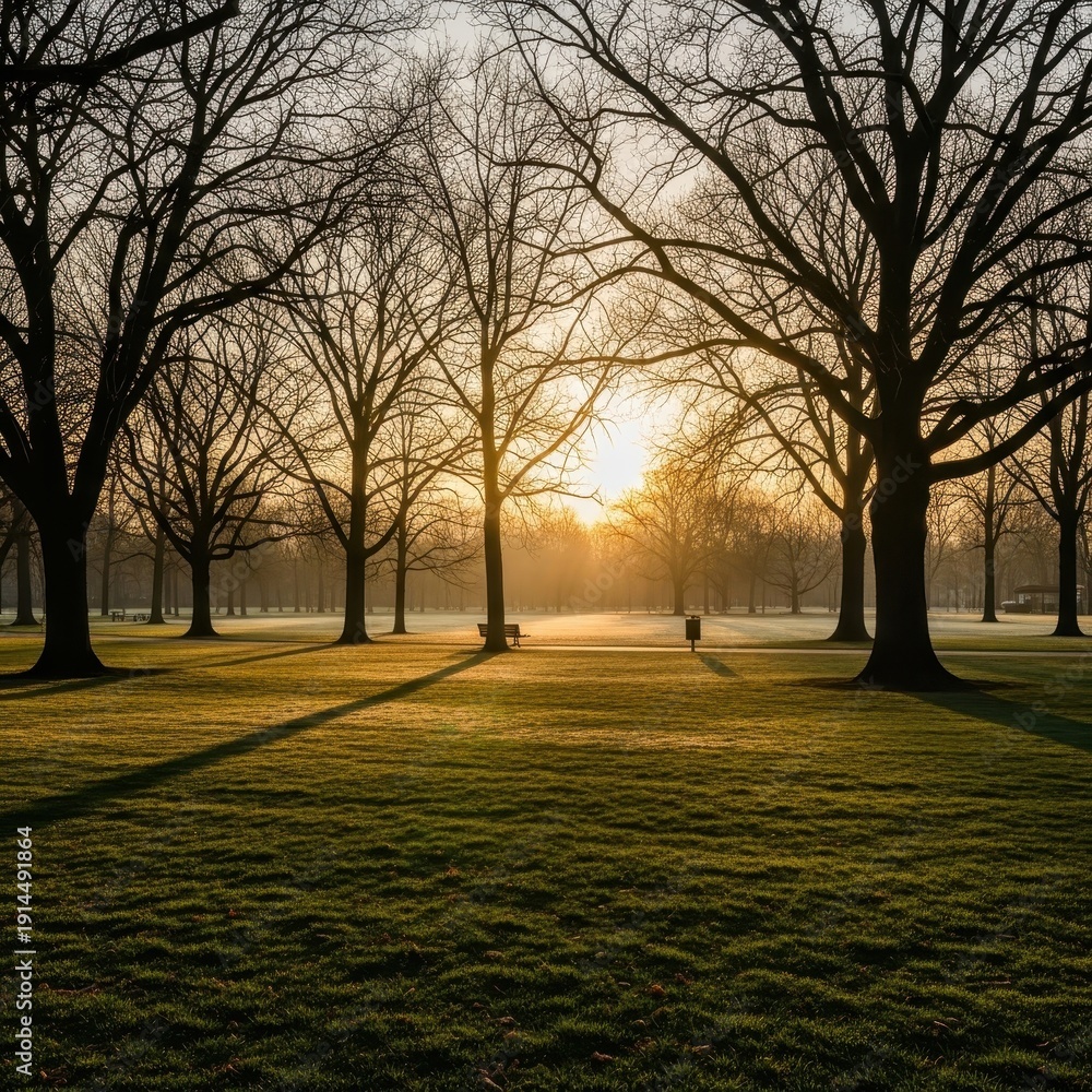 Fototapeta premium Golden Sunrise Illuminating a Tranquil Park Landscape.