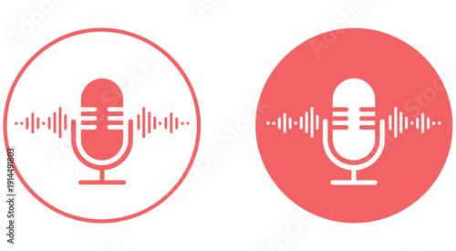 Podcast and recording microphone vector icon, featuring sound waves inside a black circle, ideal for audio streaming, music apps, broadcasting, podcast platforms