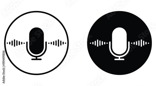 Microphone with sound wave icon, podcast and recording symbol in black circle, vector illustration, perfect for audio production, broadcasting, music