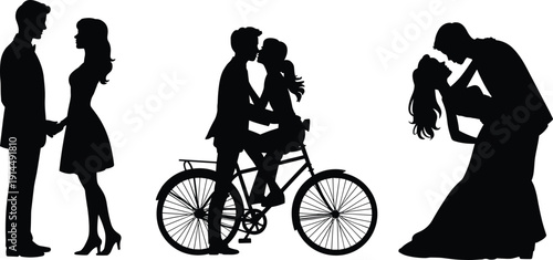 Flat vector silhouettes of romantic couples holding hands, riding bicycle, dancing together, love, affection, passion, unity, relationship, celebration