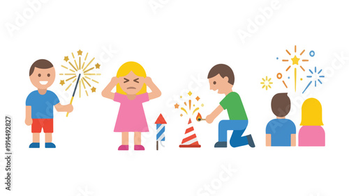 Kids Playing Firework and Sparkler Activity Icon Set