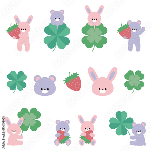 イチゴとクローバーとクマとウサギのイラストセット