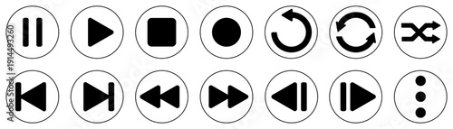 Media Player Interface Icon Set, Music and Video Control Buttons in Circles. Set of UI for Video or Music Player