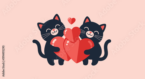 Two Black Cats Hugging Hearts for Love
