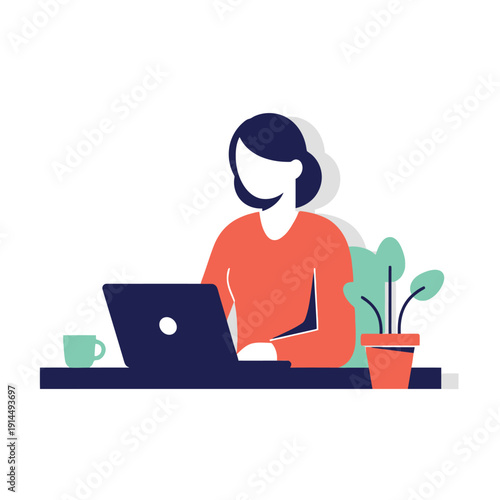 Person Working on Laptop at Desk with Plant and Cup