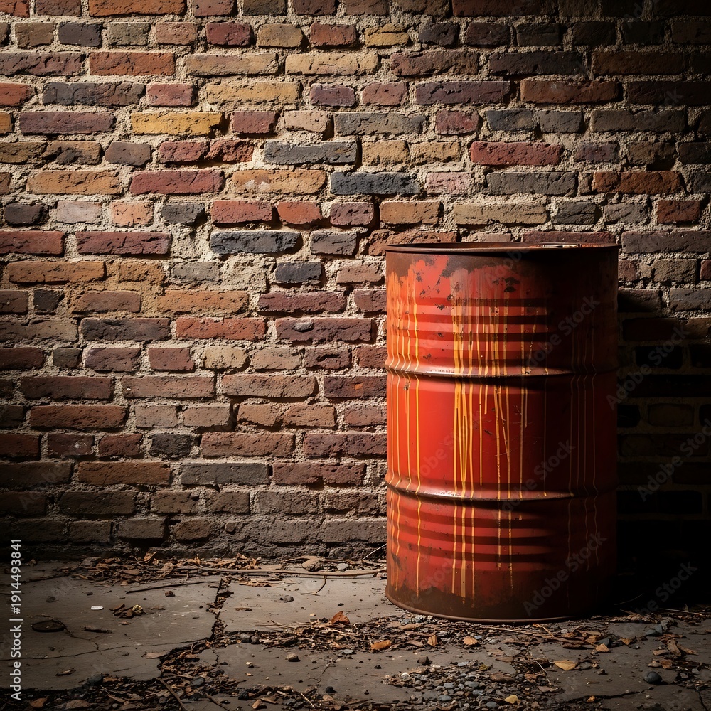 Obraz premium A rustic wooden barrel against an old brick wall backdrop. 55 gallon