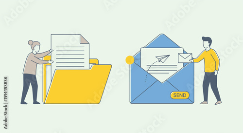 People organizing documents and sending mail using envelope and folder
