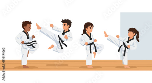 Four diverse children practicing taekwondo kicks in a martial arts class, wearing white doboks and black belts on a wooden floor.