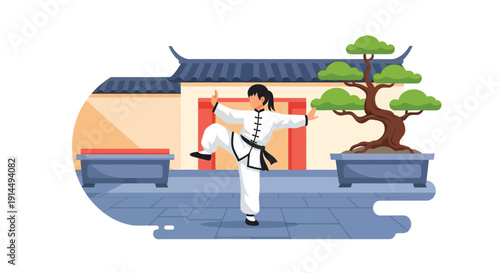 A woman in a white martial arts uniform with a black belt practices Tai Chi or Kung Fu in a traditional Chinese courtyard with a bonsai tree.