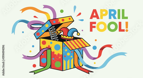 Vibrant April Fool's surprise box with jester hat and colorful confetti