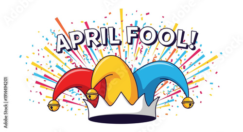 Colorful jester hat with confetti celebrating April Fool's Day
