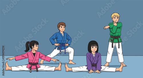 Four children in colorful martial arts gis performing various stretching exercises in a dojo, practicing flexibility and warm-up routines.