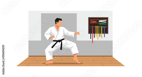 Man in a white karate gi with a black belt practicing martial arts in a dojo with colorful belts displayed on the wall.