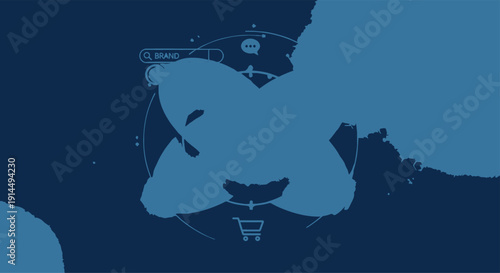 Abstract online shopping concept with global network glyphs and cart icon