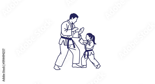 A man and a young girl in karate uniforms practicing martial arts together, depicting a sensei teaching a student.