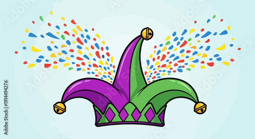 Vibrant jester's hat with colorful confetti explosion